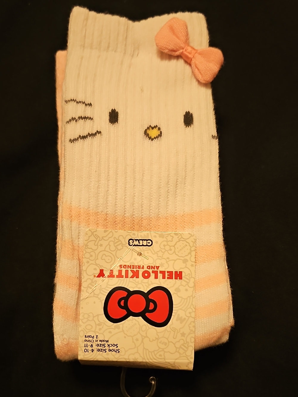 Hello Kitty White & Peach Striped Crew Socks